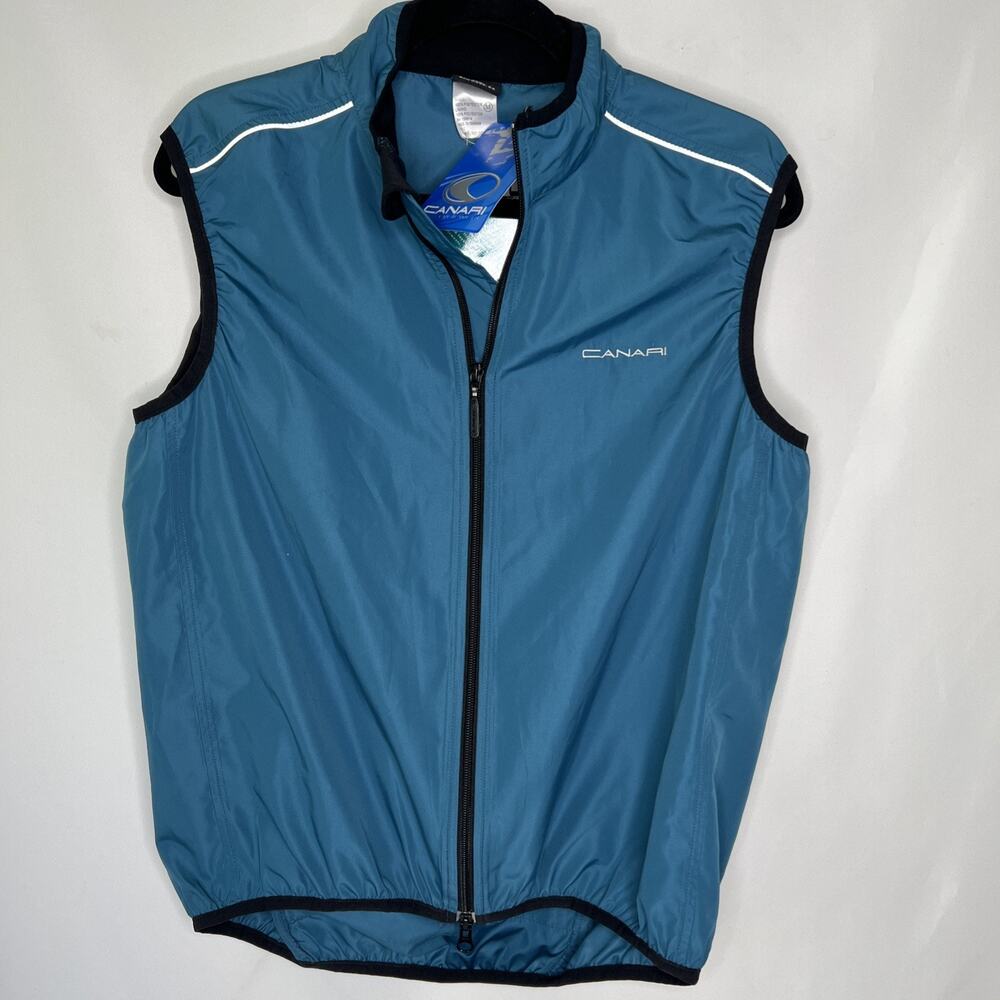 Canari Mens Cycling Vest Medium Blue Windbreaker Full Zip Reflective Back Pocket